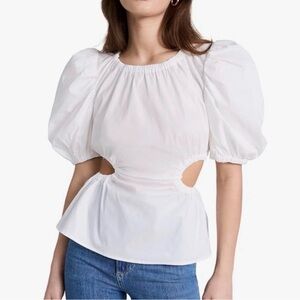 Astr White Puff-Sleeve Cutout Peplum Top